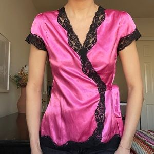 Fredrick’s of Hollywood Pink and Black Lacey Wrap Top